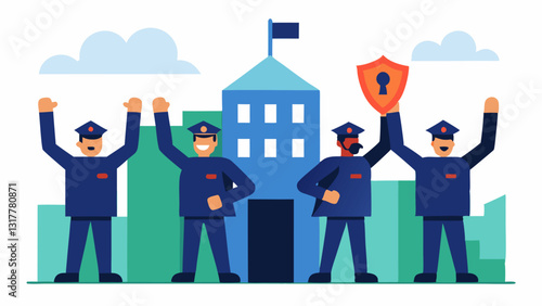 Success Celebrated Law enforcement officers celebrating with each other outside a building after a successful arrest with a digital lock symbol in the background.