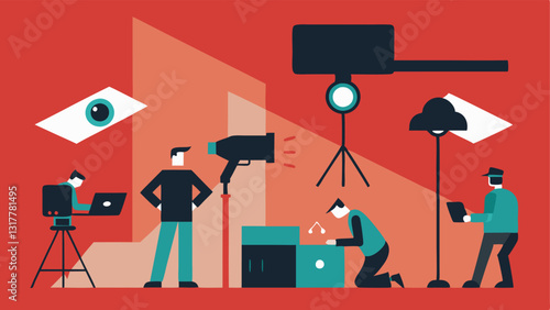 Surveillance Setup A depiction of a team setting up cameras and recording equipment in a covert location to monitor suious activities at a business premise.
