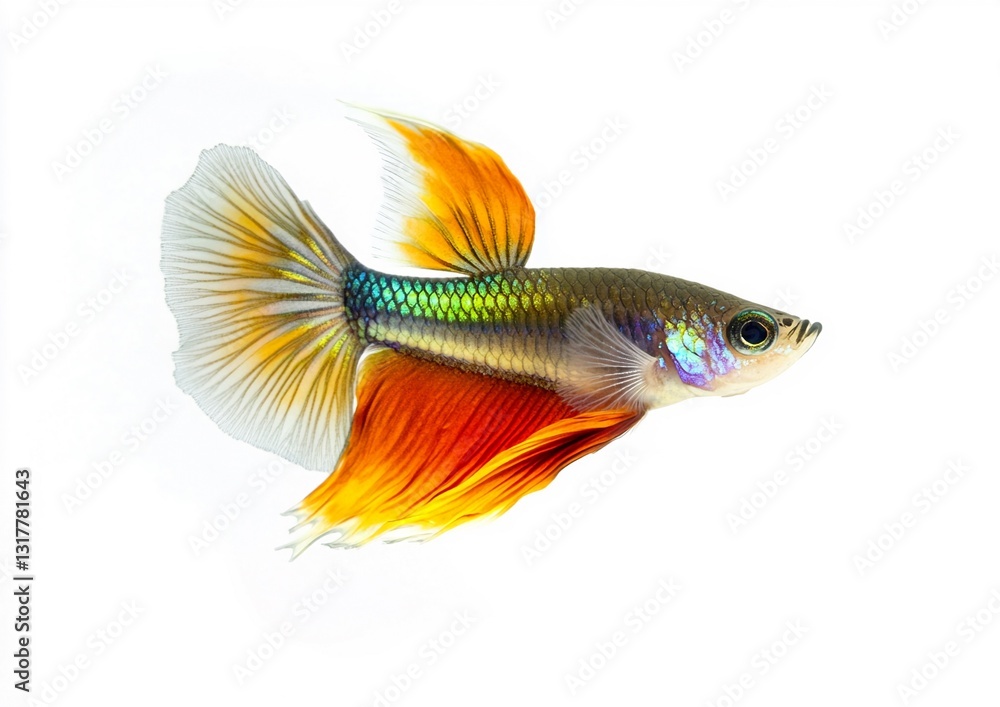 Fototapeta premium Stunning Guppy Fish with Fan-Like Tail in Neon Gradients - Isolated on White Background, Ultra-Sharp Details and Perfect Lighting for Stunning Visual Appeal