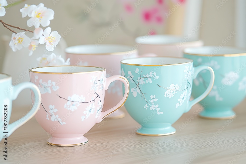 Charming shabby chic tea set with floral patterns and pastel colors elegantly arranged on a wooden table Charming shabby chic tea set with floral patterns and pastel colors elegantly arranged on a wooden table