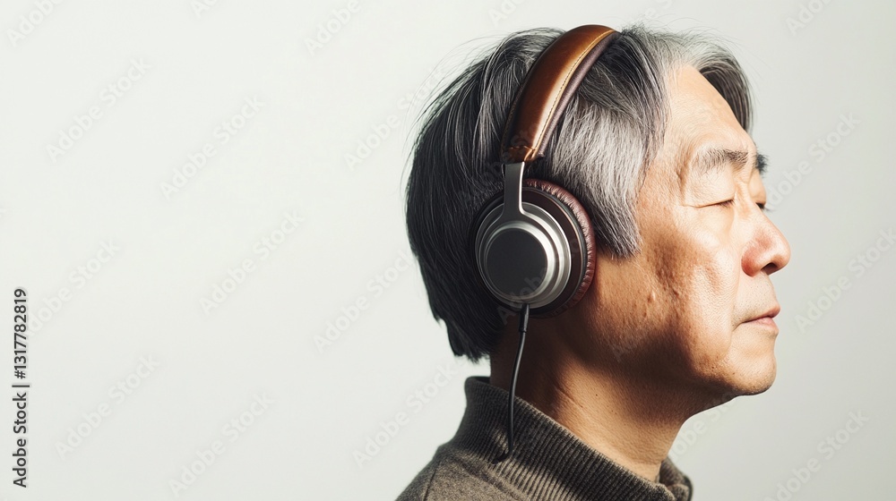Fototapeta premium Nostalgic Senior Asian Man with Wired Headphones – A Retro Aesthetic Portrait Capturing Memories and Warmth, Perfect for Representing Vintage Vibes and Emotional Connection in Photography