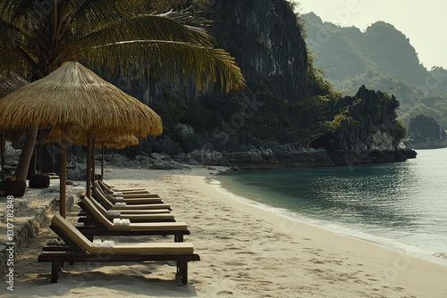 On My Khe Beach in Da Nang, Vietnam, you’ll find parasols and sunbeds photo