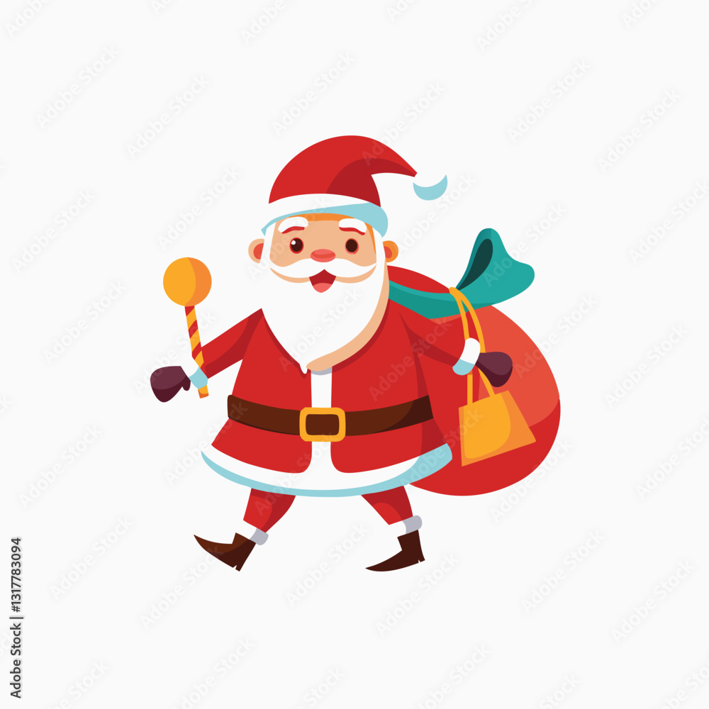 Vector Illustration of Santa Claus carrying sack full of gifts and bell. editable vector stroke saddle icon on white background Vector Illustration of Santa Claus carrying sack full of gifts and bell. editable vector stroke saddle icon on white background