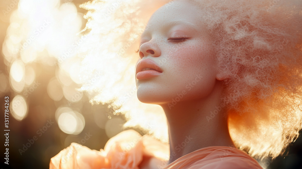 Fototapeta premium African Woman with Albinism in Peach Silk Dress Under Golden Light