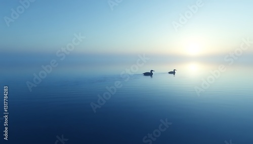 Two waterfowl swimming tranquilly across a calm and serene body of water