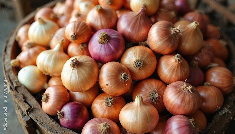 Rustic display of various Allium Cepa onions piled in basket. Different shapes sizes, natural organic appeal. Perfect image for culinary projects. Fresh harvest from farm, vibrant colors, healthy