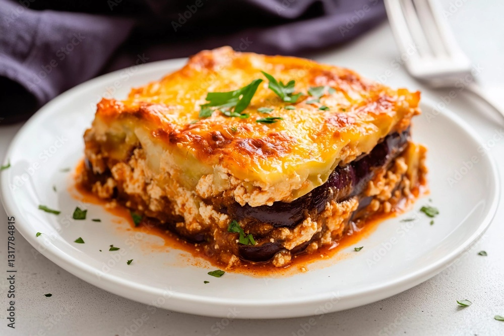 A savory dish showcasing layers of eggplant, creamy cheese, and aromatic herbs served on a white plate, creating an appetizing meal for any occasion A savory dish showcasing layers of eggplant, creamy cheese, and aromatic herbs served on a white plate, creating an appetizing meal for any occasion