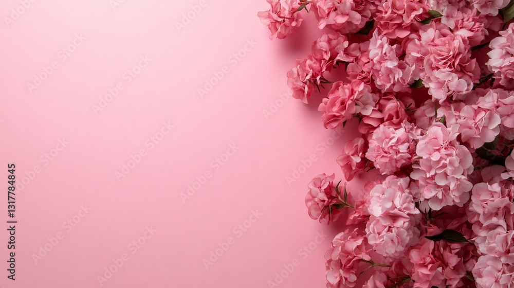 Fototapeta premium Pink flowers, pastel background, spring, floral design, card