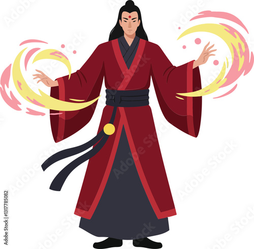 A mystical sorcerer in a vibrant red robe casting swirling flames in a flat vector illustration, showcasing energy and power in a magical scene