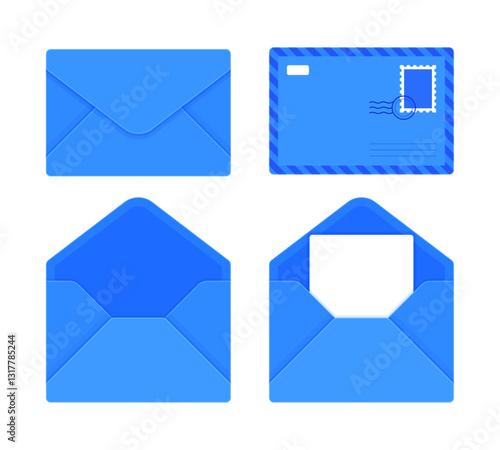 Set of dark blue envelopes in different styles, including closed, open, and with a letter. Mail, correspondence, and stationery concept. Flat vector illustration isolated on white background	
