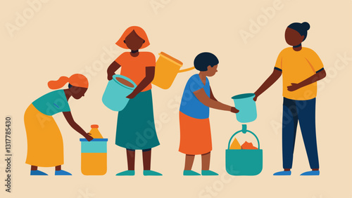 Refugees at a Water Source A group of individuals filling water containers from a communal water source underlining the challenges of accessing clean water after a disaster.