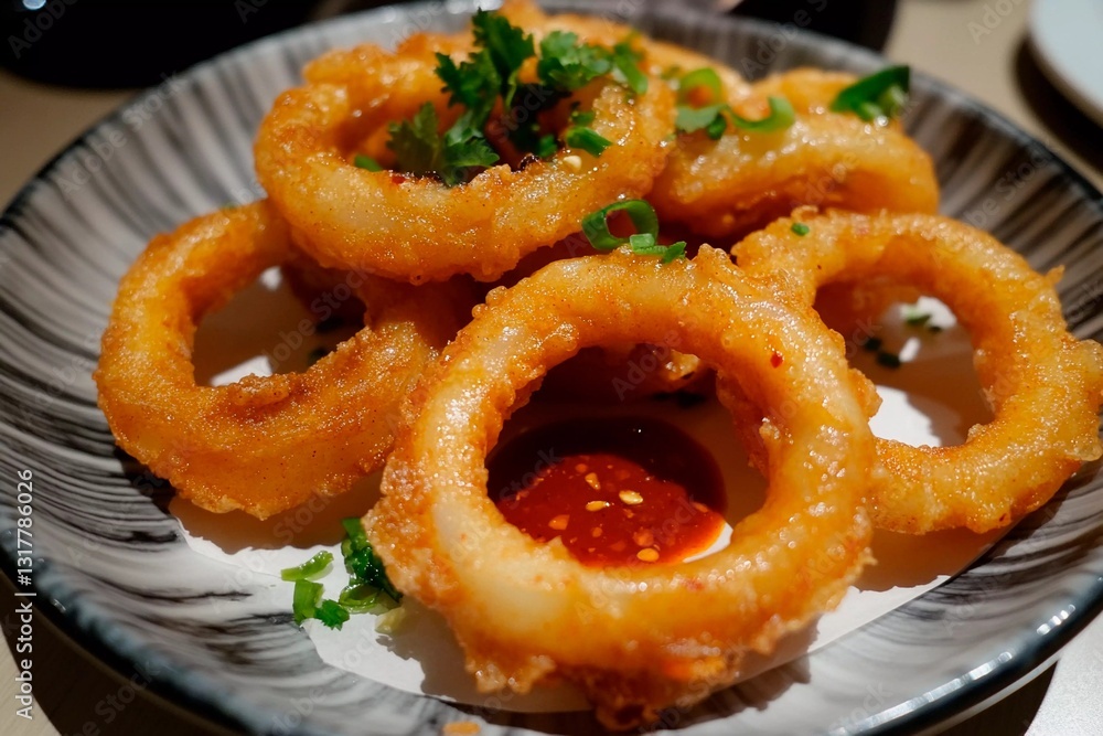 A plate holds several golden-brown, crispy onion rings garnished with fresh cilantro and green onions, accompanied by a spicy dipping sauce A plate holds several golden-brown, crispy onion rings garnished with fresh cilantro and green onions, accompanied by a spicy dipping sauce