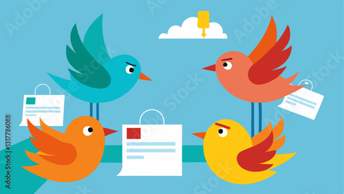 Social Media Birds Colorful birds tweeting on social media branches with some birds carrying exaggerated and misleading headlines in their beaks indicating the spread of fake news.