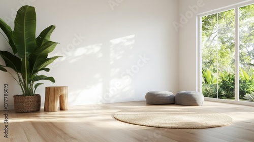 Fototapeta Naklejka Na Ścianę i Meble -  Minimalist room with natural light and plants. Sunlight streams through large windows into a serene space