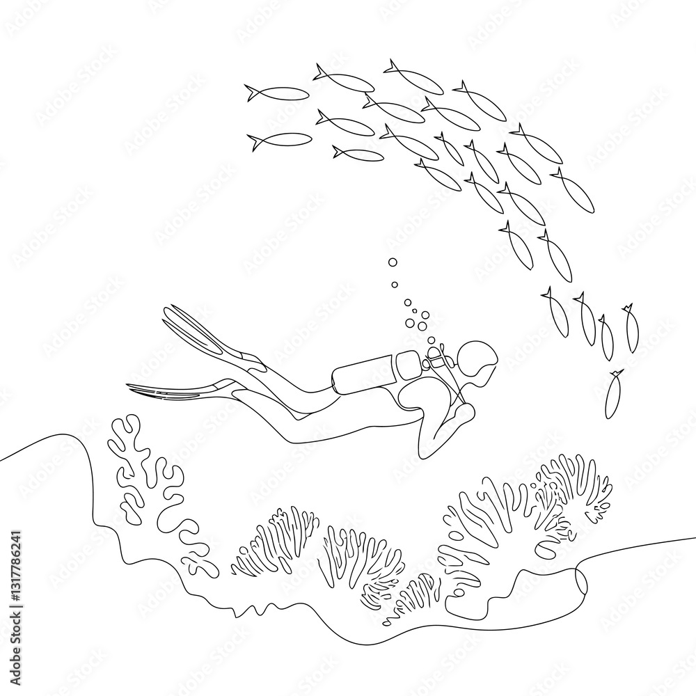 Obraz premium Scuba Diver Swimming with School of Fish and Coral Reef Underwater Scene