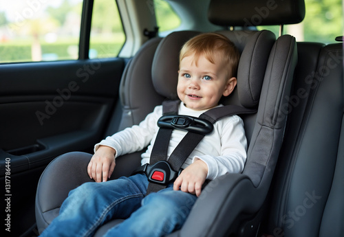 Smiling toddler in a car seat wearing a seatbelt