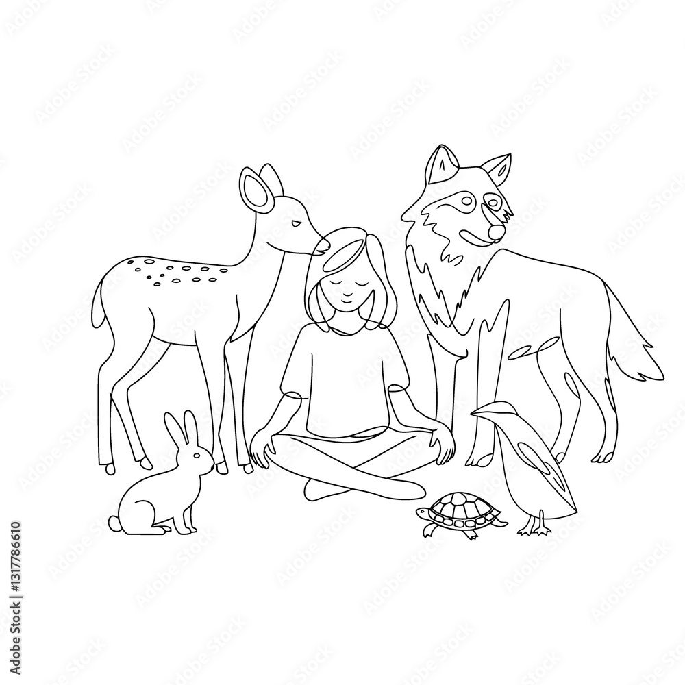 Fototapeta premium Woman Meditating Surrounded by Diverse Animals in Peaceful Harmony