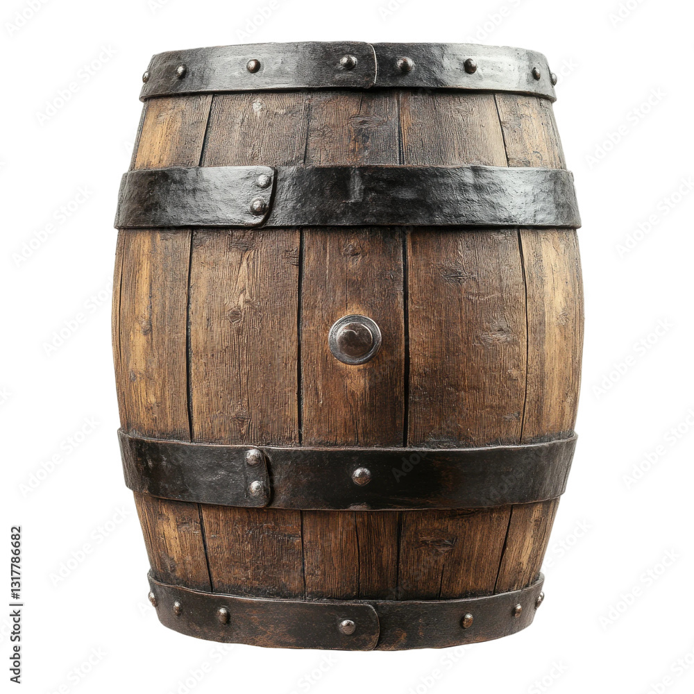 Obraz premium Antique Wooden Barrel with Metal Bands Aged Rustic Texture Vintage Wine Cask