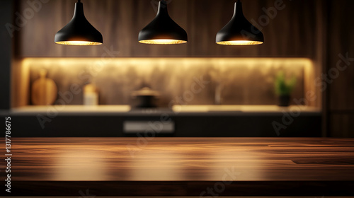 Wooden table with three hanging lamps, blurred kitchen background, showcasing a clean, minimalist aesthetic, ideal for product placement or advertisement