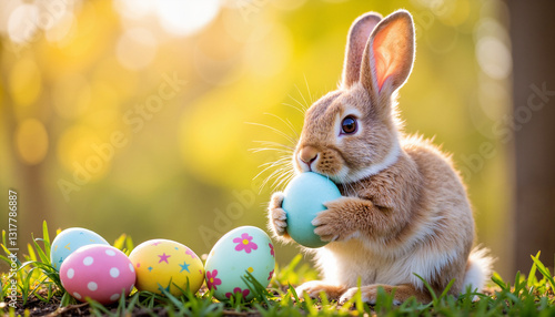 Wallpaper Mural Easter bunny holding colorful egg in botanical garden, festive charm Torontodigital.ca