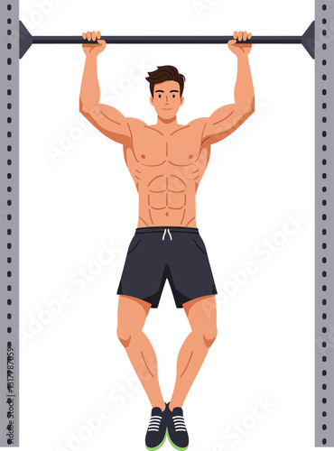 Athletic man performing pull-ups on a gym bar in a minimal flat design style, showcasing strength and fitness, vector illustration