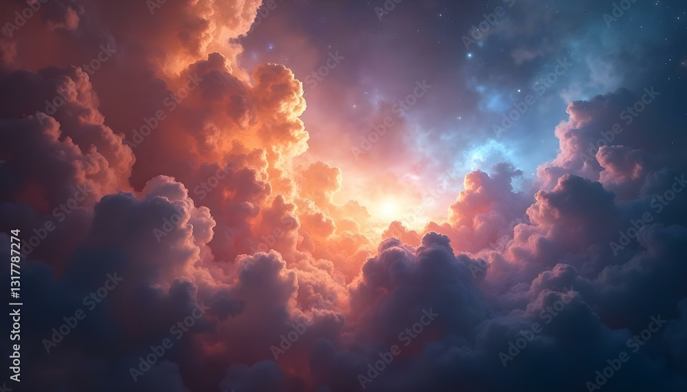A breathtaking cosmic vista unfolds, showcasing a nebula painted with vibrant hues of orange, blue, and purple A breathtaking cosmic vista unfolds, showcasing a nebula painted with vibrant hues of orange, blue, and purple