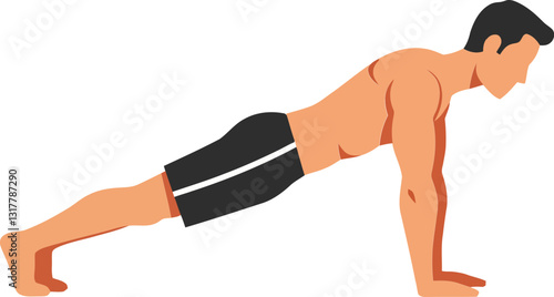 Athletic man performing push-up exercise in flat, minimal style vector illustration demonstrating fitness and strength training in a focused and determined manner