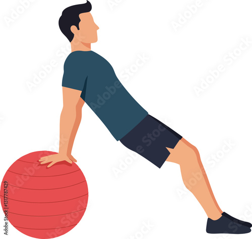 A man exercising with a red stability ball in a casual setting, showcasing minimalistic flat design vector art