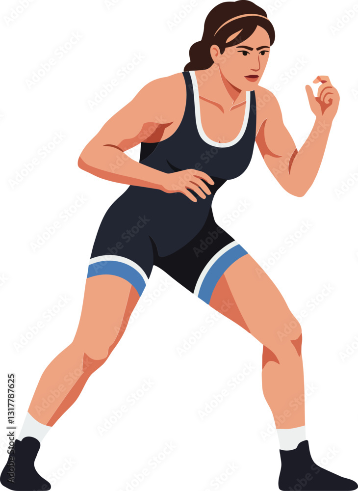 Female wrestler in athletic stance wearing a dark singlet with blue accents, flat design vector illustration showcasing determination and focus in a competitive atmosphere Female wrestler in athletic stance wearing a dark singlet with blue accents, flat design vector illustration showcasing determination and focus in a competitive atmosphere