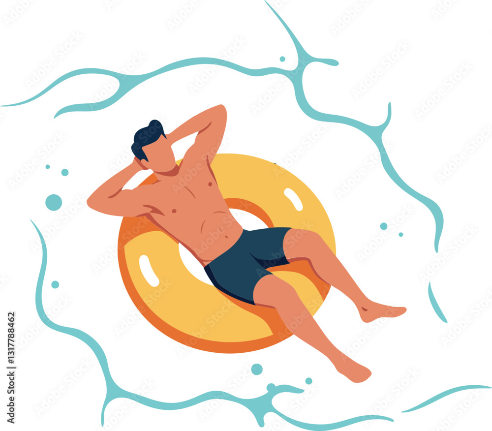 A young man relaxing on a yellow inflatable ring in a pool, enjoying summer vibes, flat design vector art