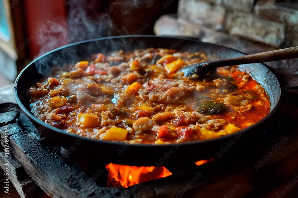 A large skillet filled with a colorful stew, bubbling over an open flame. The warm glow from the fire reflects on the ingredients, creating a cozy atmosphere in the kitchen