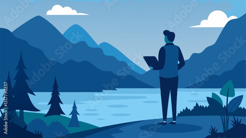 Natures Embrace A professional silhouette standing with a clipboard overlooking a tranquil mountain landscape with trees and a serene lake in the foreground.