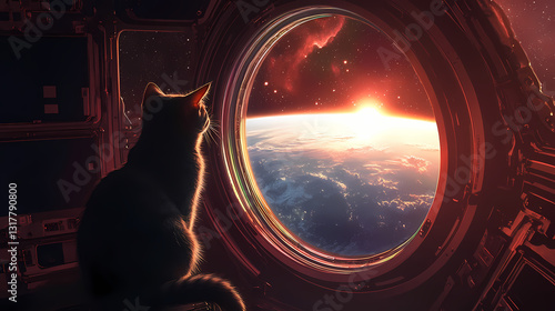 Fototapeta Naklejka Na Ścianę i Meble -  Cat gazes at earth from space station window overlooking a distant galaxy at twilight. Twilight Radiance. Illustration