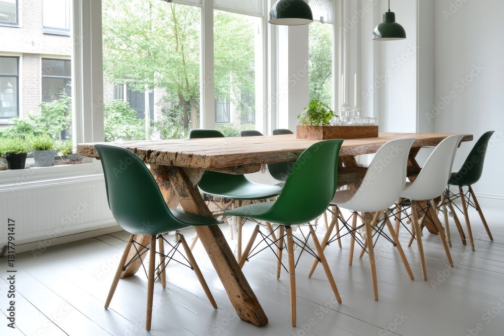 Fototapeta premium Rustic wood dining table with green and white chairs in bright room.