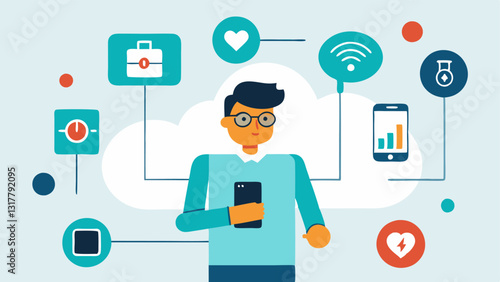 IoT Integration A developer connecting a wearable device to a smartphone app with icons for connectivity diagnostics and data analysis floating around.
