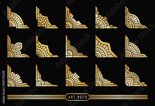 Golden Art Deco style corner collection. Geometric decorations on the black background. Gold colored elements. EPS 10 design vector illustration.