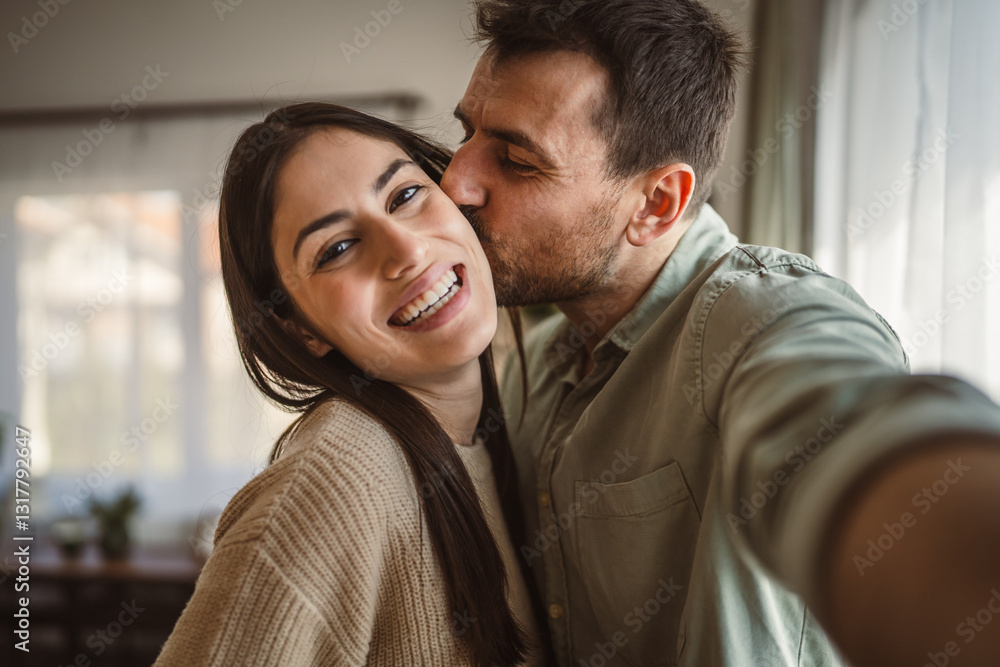 close up of self portrait happy young couple in love at home close up of self portrait happy young couple in love at home