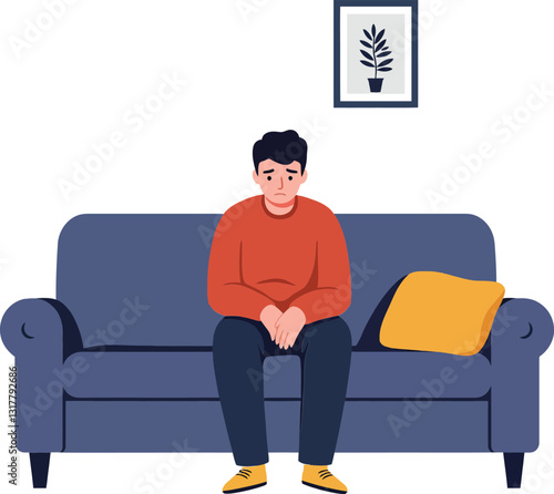 A young man sitting pensively on a blue couch in a minimal style vector illustration, expressing contemplation and introspection in a cozy indoor setting