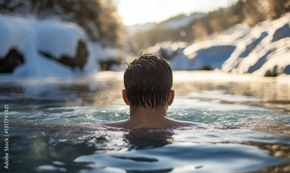 Single person immersed in cold water doing a cold water plunge outdoors in nature for health benefits Single person immersed in cold water doing a cold water plunge outdoors in nature for health benefits