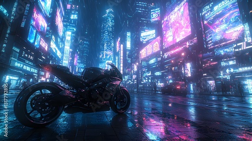 A futuristic anime-style cyberpunk city at night, filled with neon lights and holographic billboards. The streets reflect the vibrant sci-fi glow.
