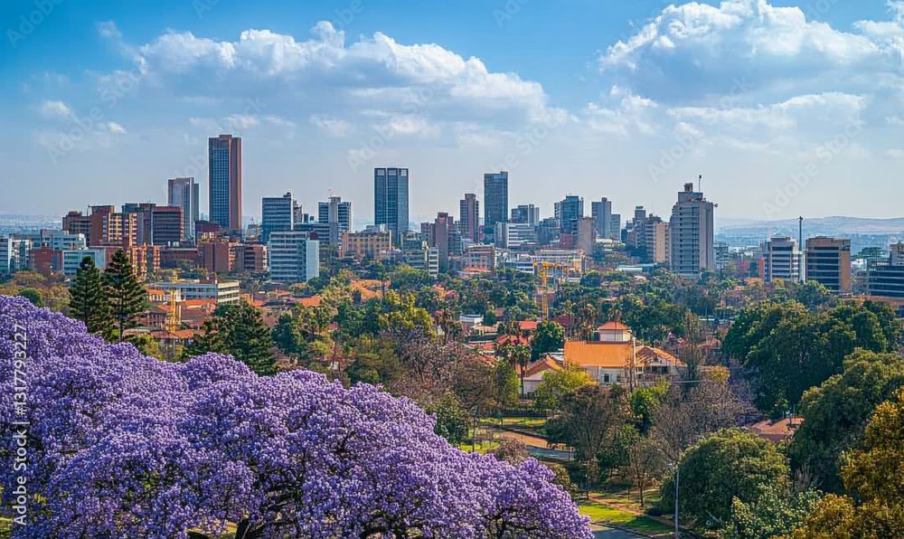 Fototapeta premium Purple blue Jacaranda mimosifolia bloom in Johannesburg and Pretoria street during spring in October in South Africa