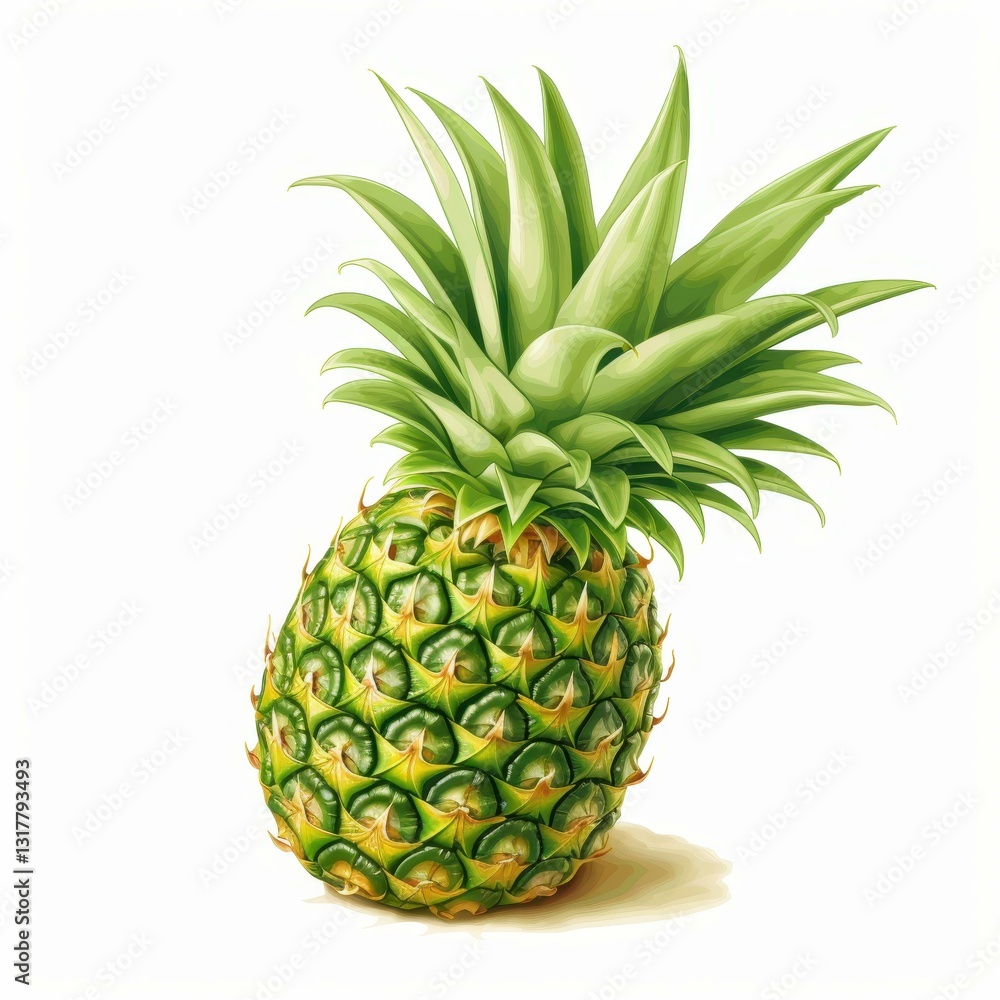 Fototapeta premium A vibrant pineapple with sharp green foliage on a clean white backdrop, perfect for creating a fresh and fruity vibe.