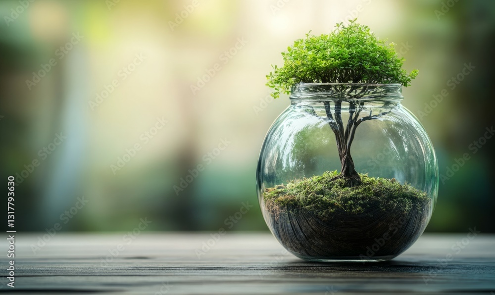 Small glass jar with a tree inside of it. The jar is on a wooden table. The jar is filled with moss and the tree is green Small glass jar with a tree inside of it. The jar is on a wooden table. The jar is filled with moss and the tree is green