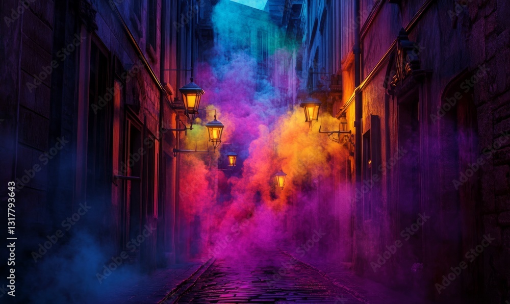 Naklejka premium Mysterious alleyway with colorful smoke and glowing street lamps
