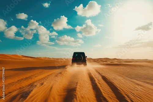 A powerful off-road SUV navigating through vast golden desert dunes under a clear blue sky with fluffy clouds showcasing adventure exploration and the raw beauty of the arid wilderness