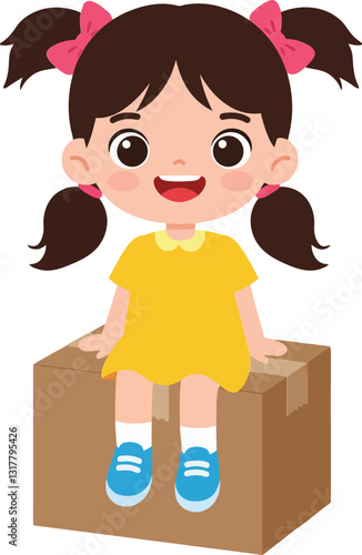 A cheerful girl with pigtails sitting on a cardboard box in a playful flat vector illustration, radiating joy and innocence in a minimal design style