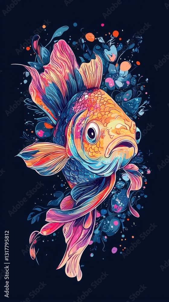 Vibrant illustration of a goldfish swimming amidst colorful floral elements. The artwork showcases a playful yet sophisticated style, with bold colors and intricate details. Vibrant illustration of a goldfish swimming amidst colorful floral elements. The artwork showcases a playful yet sophisticated style, with bold colors and intricate details.