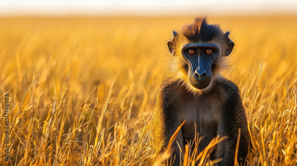 Fototapeta premium A young mandrill sits in tall grass at sunset. The warm light illuminates its fur, creating a striking contrast against the golden backdrop.