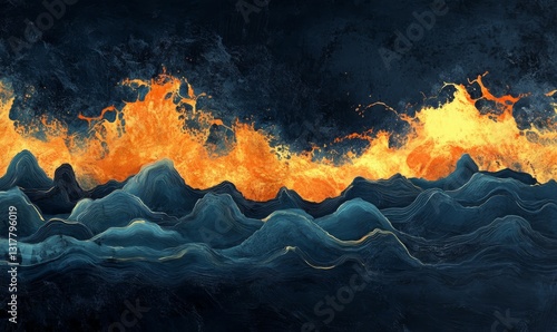 Oceanic waves on a dark navy blue background with vibrant orange and yellow hues, surrealism, night sky, abstract art