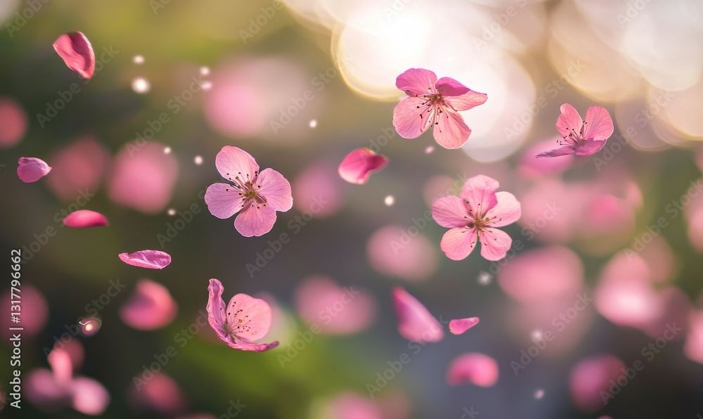 Fototapeta premium Pink flower petals floating in the air with soft bokeh background during springtime